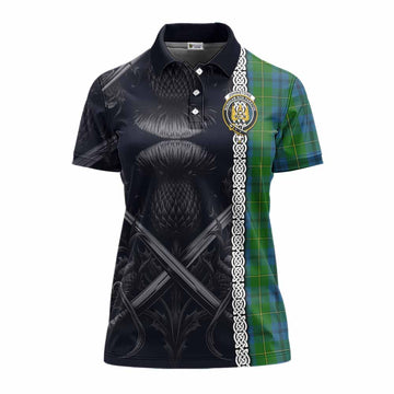 Johnstone (Johnston) Tartan Women's Polo Shirt with Family Crest Cross Sword Thistle Celtic Vibes