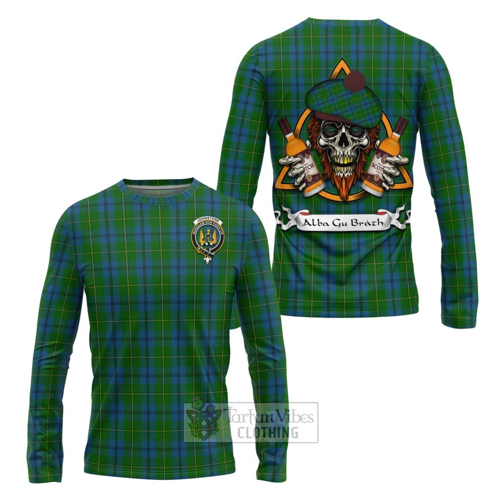 Tartan Vibes Clothing Johnstone (Johnston) Tartan Long Sleeve T-Shirt with Family Crest and Bearded Skull Holding Bottles of Whiskey