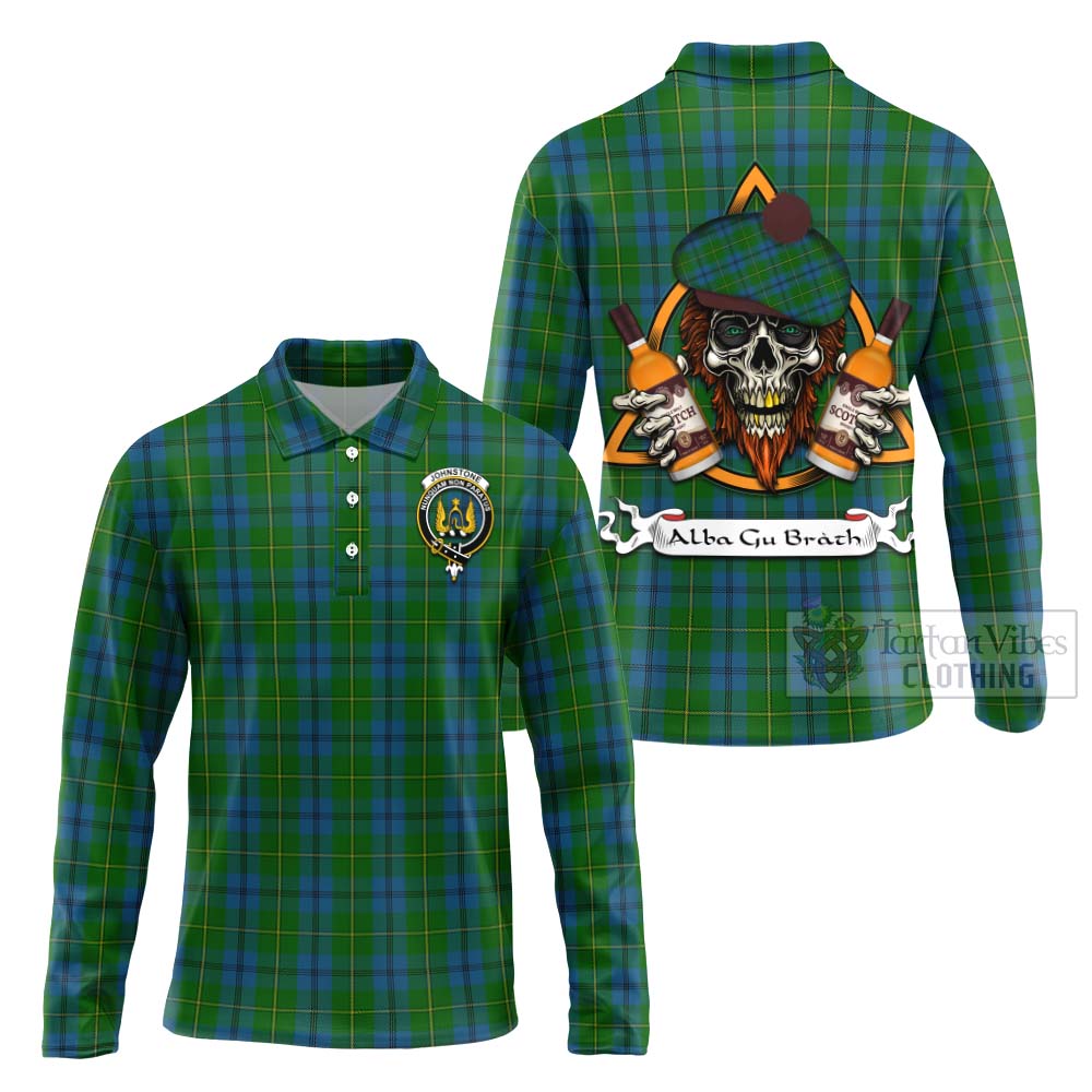 Tartan Vibes Clothing Johnstone (Johnston) Tartan Long Sleeve Polo Shirt with Family Crest and Bearded Skull Holding Bottles of Whiskey