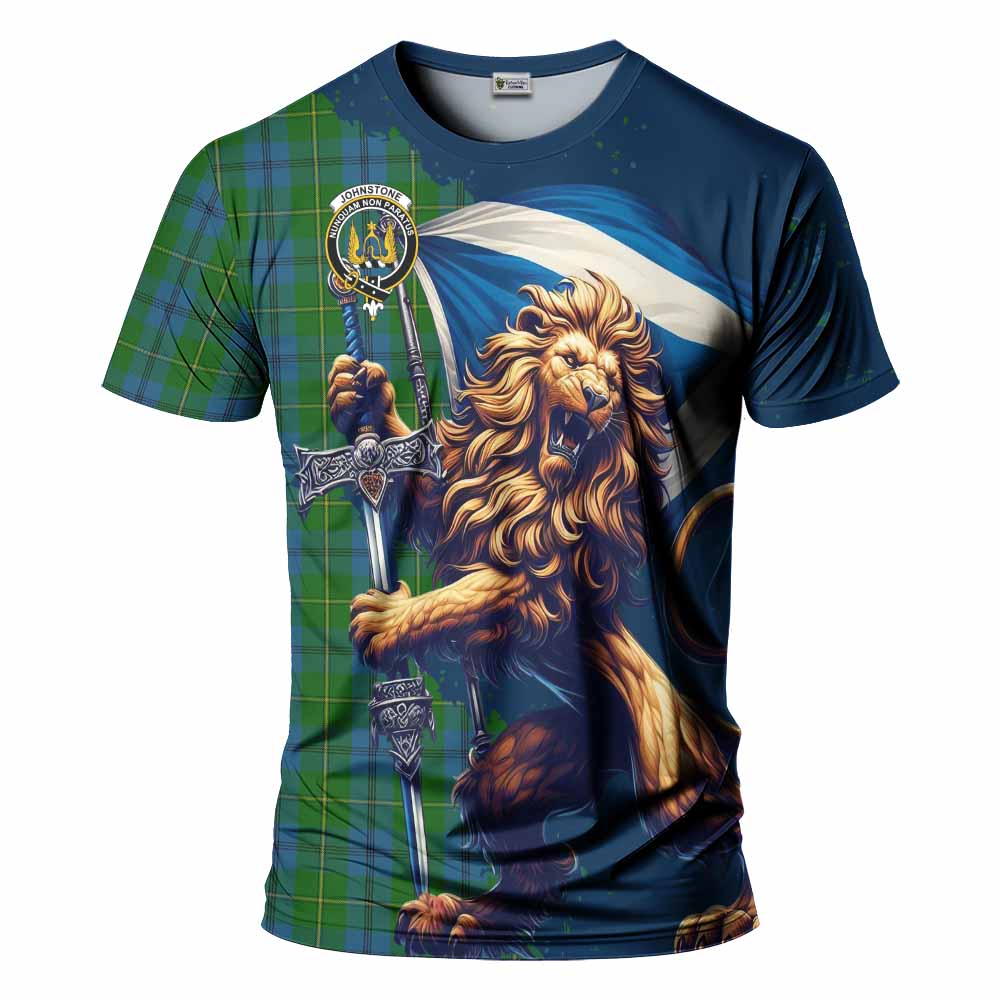 Tartan Vibes Clothing Johnstone (Johnston) Tartan Family Crest T-Shirt with Scottish Majestic Lion