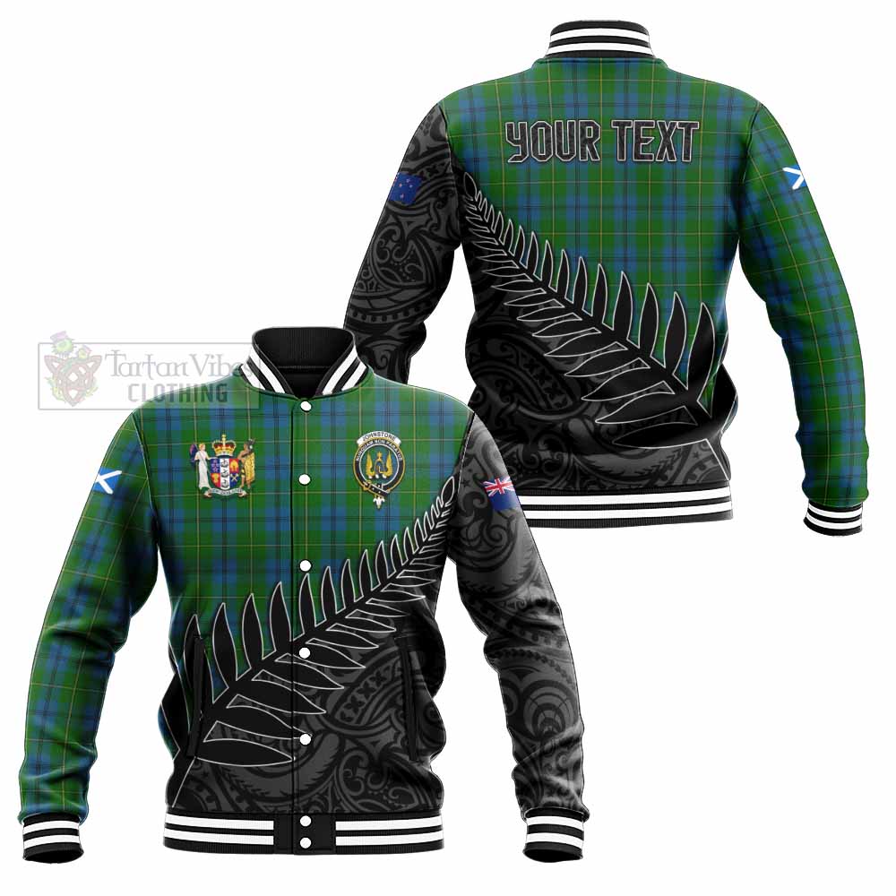 Tartan Vibes Clothing Johnstone (Johnston) Crest Tartan Baseball Jacket with New Zealand Silver Fern Half Style