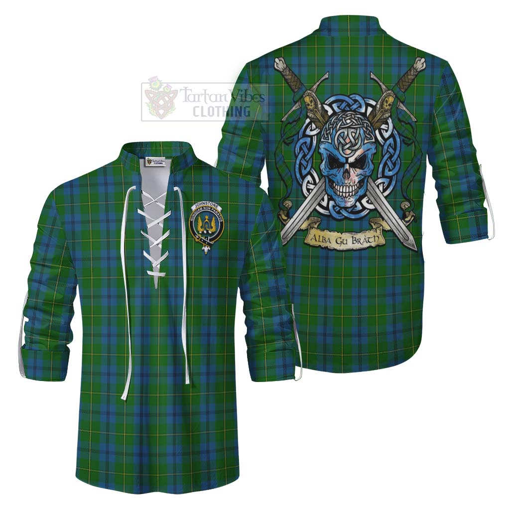 Tartan Vibes Clothing Johnstone (Johnston) Tartan Ghillie Kilt Shirt with Family Crest Celtic Skull Style