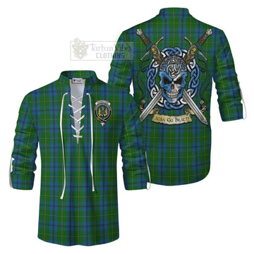 Johnstone (Johnston) Tartan Ghillie Kilt Shirt with Family Crest Celtic Skull Style