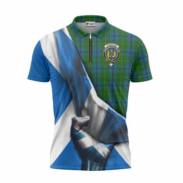 Johnstone (Johnston) Tartan Zipper Polo Shirt with Family Crest Scotland Patriotic Style