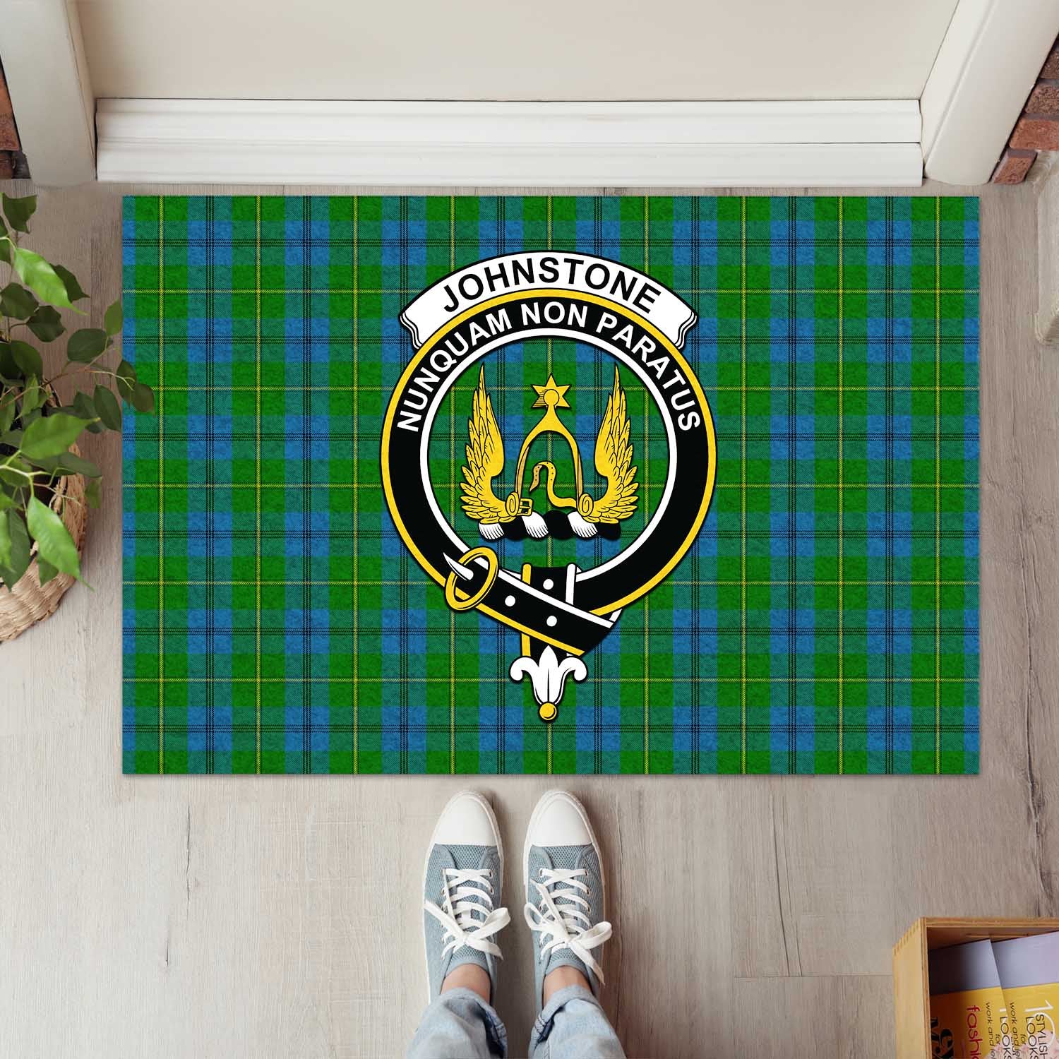 Johnstone-Johnston Tartan Door Mat with Family Crest - Tartanvibesclothing