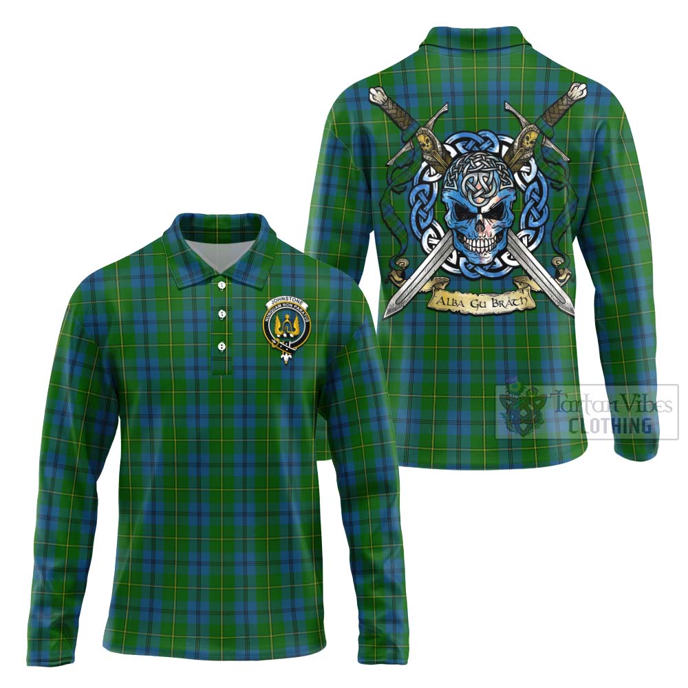 Tartan Vibes Clothing Johnstone (Johnston) Tartan Long Sleeve Polo Shirt with Family Crest Celtic Skull Style