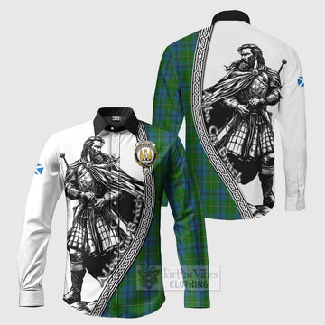 Johnstone (Johnston) Tartan Clan Crest Long Sleeve Button Shirt with Highlander Warrior Celtic Style