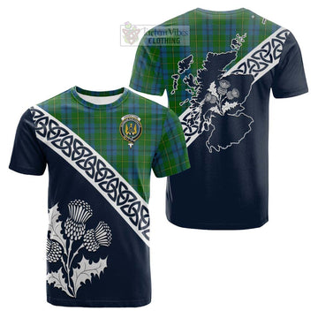 Johnstone (Johnston) Tartan Cotton T-shirt Featuring Thistle and Scotland Map