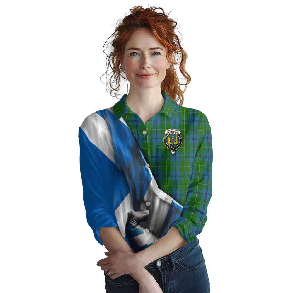 Tartan Vibes Clothing Johnstone (Johnston) Tartan Women's Casual Shirt with Family Crest Scotland Patriotic Style