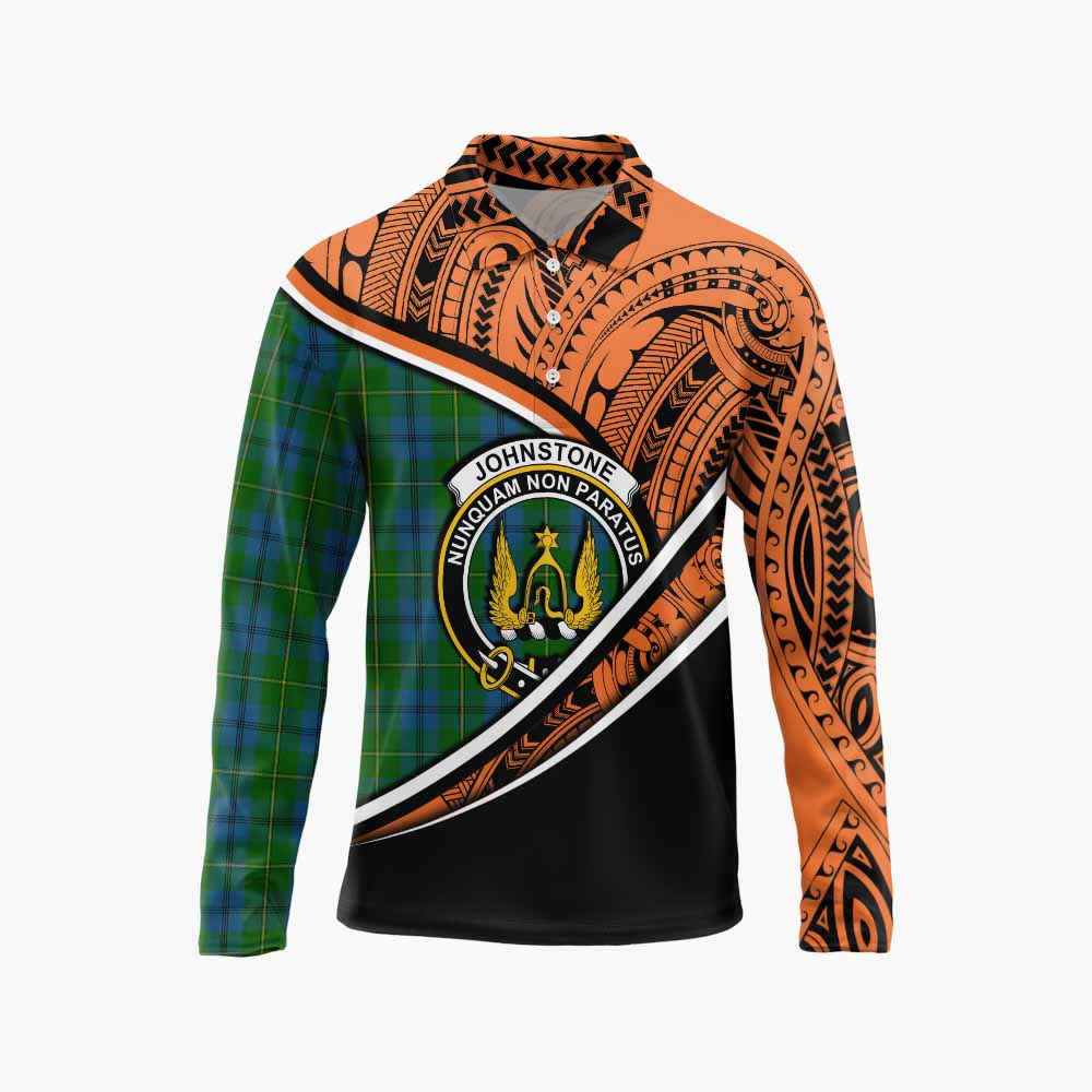 Tartan Vibes Clothing Johnstone (Johnston) Crest Tartan Long Sleeve Polo Shirt with Maori Tattoo Style - Orange Version