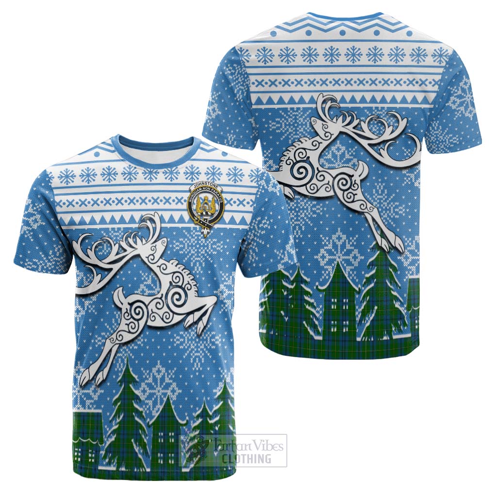 Tartan Vibes Clothing Johnstone (Johnston) Clan Christmas Cotton T-shirt Celtic Reindeer Style