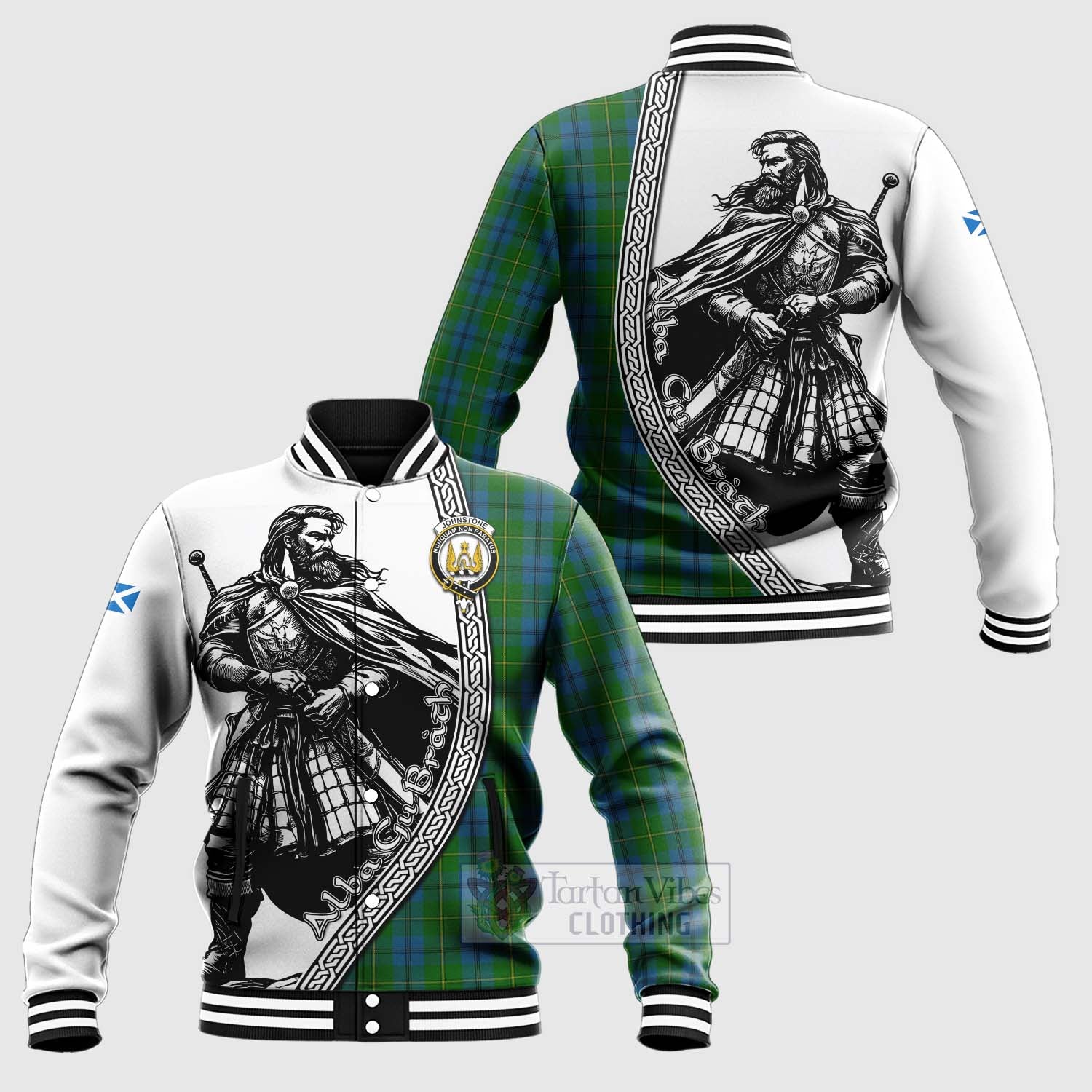 Tartan Vibes Clothing Johnstone (Johnston) Tartan Clan Crest Baseball Jacket with Highlander Warrior Celtic Style