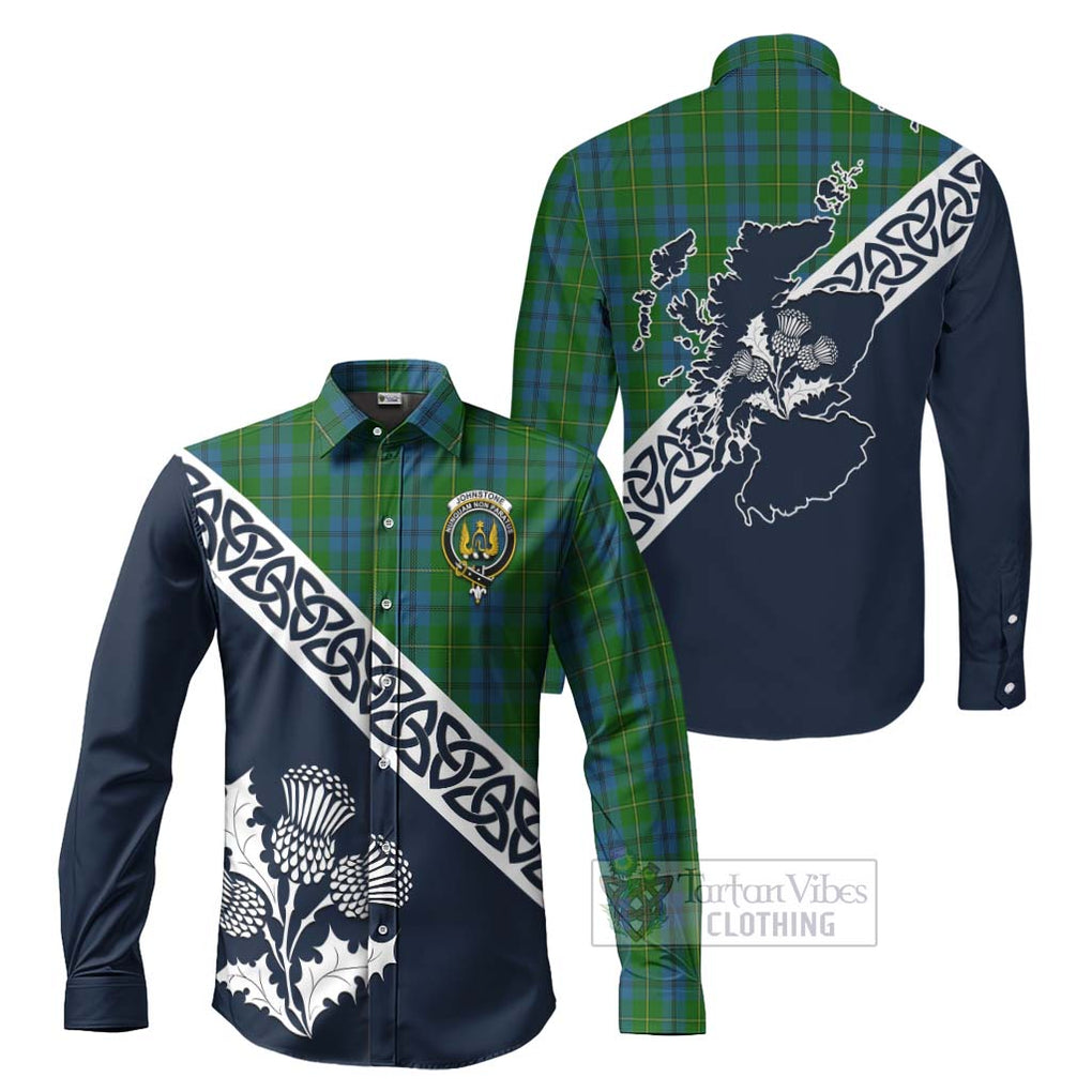 Tartan Vibes Clothing Johnstone (Johnston) Tartan Long Sleeve Button Shirt Featuring Thistle and Scotland Map