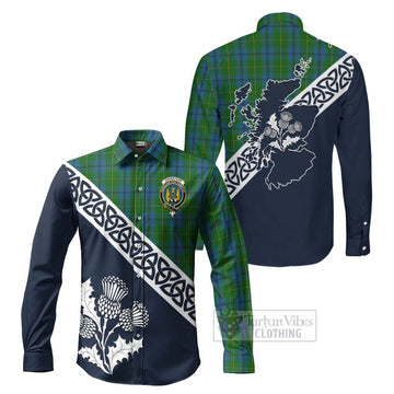 Johnstone (Johnston) Tartan Long Sleeve Button Shirt Featuring Thistle and Scotland Map