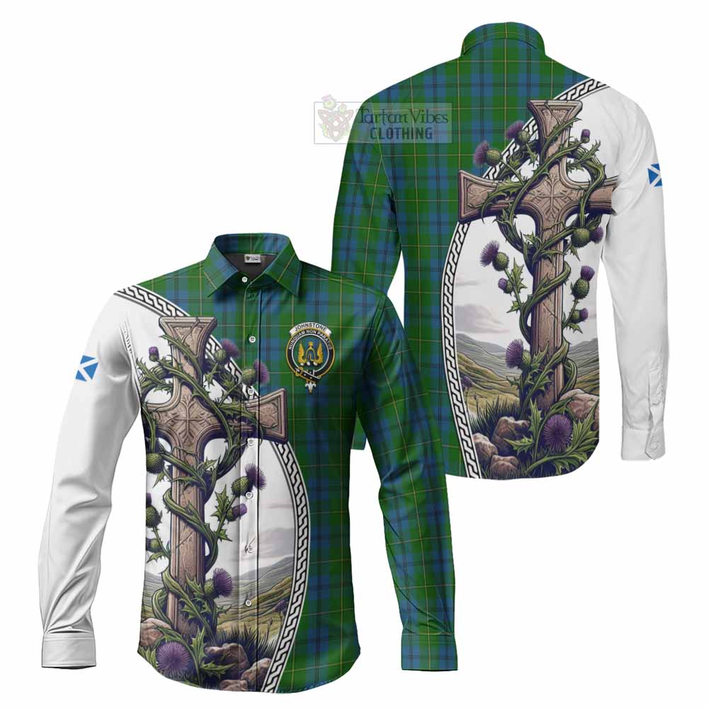 Tartan Vibes Clothing Johnstone (Johnston) Tartan Long Sleeve Button Shirt with Family Crest and St. Andrew's Cross Accented by Thistle Vines