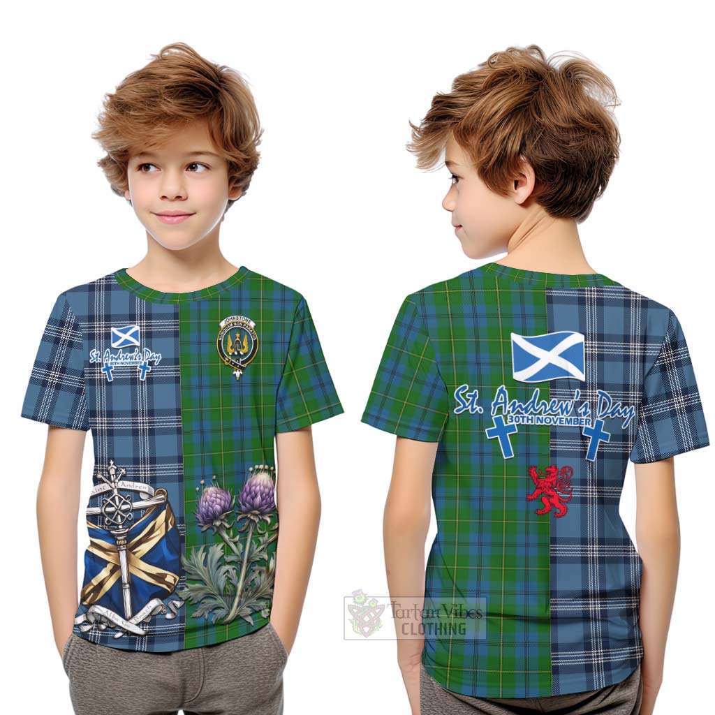 Tartan Vibes Clothing Johnstone (Johnston) Tartan Kid T-Shirt Happy St. Andrew's Day Half Tartan Style