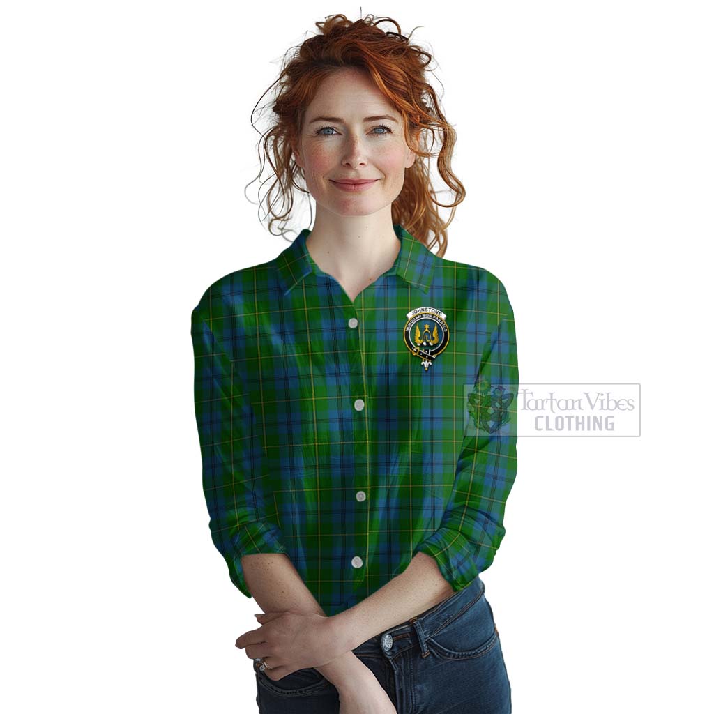 Tartan Vibes Clothing Johnstone (Johnston) Tartan Women's Casual Shirt with Family Crest and Bearded Skull Holding Bottles of Whiskey