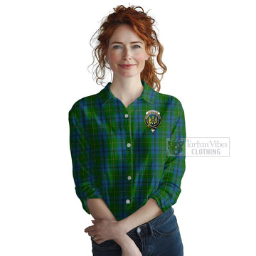 Johnstone (Johnston) Tartan Women's Casual Shirt with Family Crest and Bearded Skull Holding Bottles of Whiskey