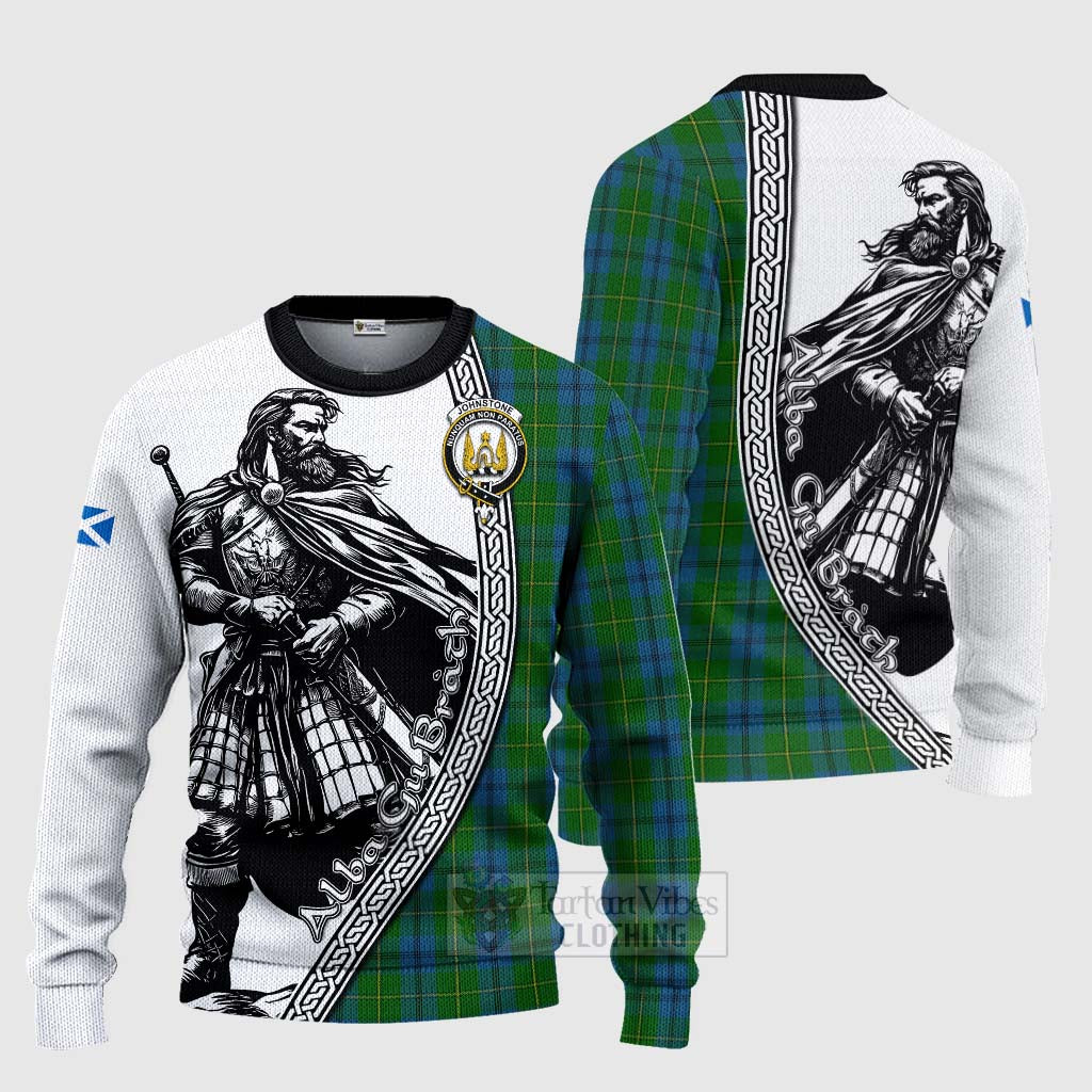 Tartan Vibes Clothing Johnstone (Johnston) Tartan Clan Crest Knitted Sweater with Highlander Warrior Celtic Style