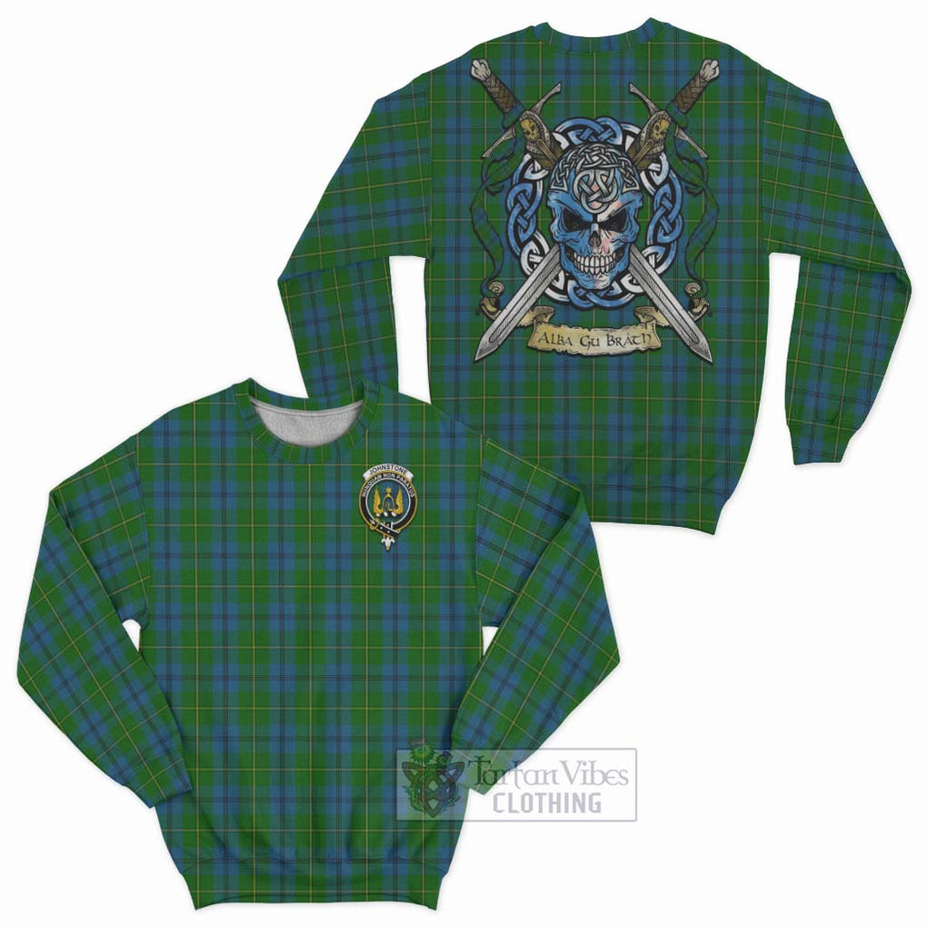 Tartan Vibes Clothing Johnstone (Johnston) Tartan Sweatshirt with Family Crest Celtic Skull Style