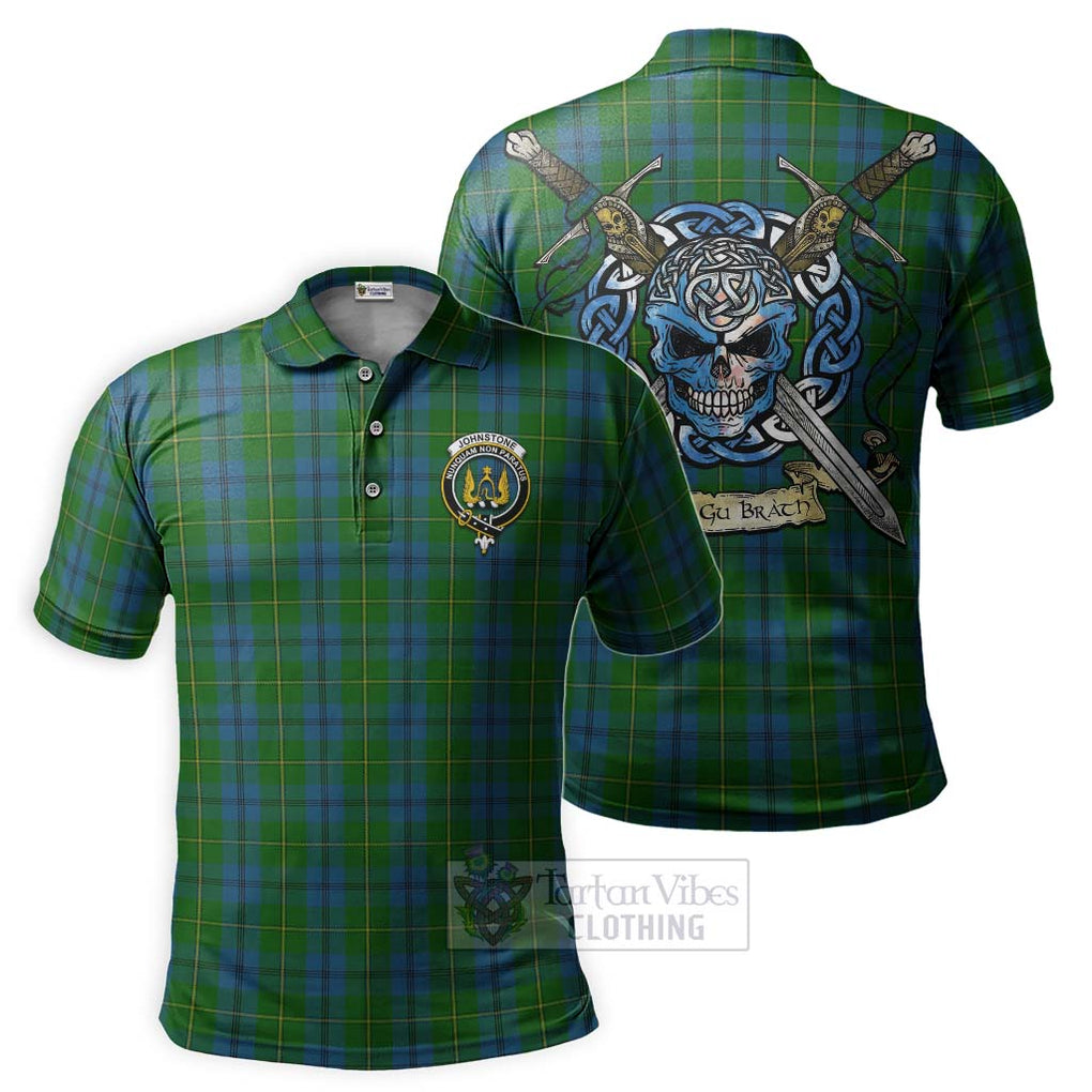 Tartan Vibes Clothing Johnstone (Johnston) Tartan Polo Shirt with Family Crest Celtic Skull Style