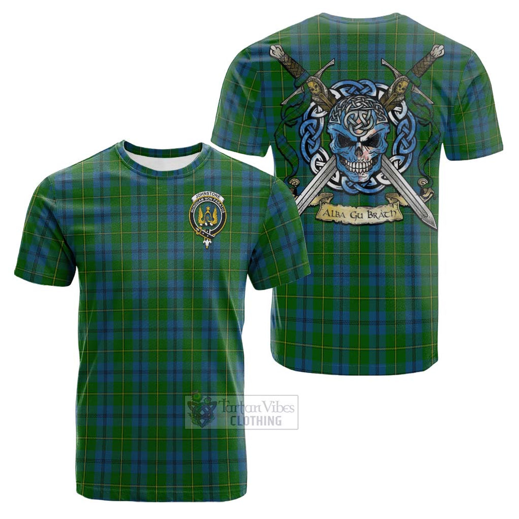 Tartan Vibes Clothing Johnstone (Johnston) Tartan Cotton T-shirt with Family Crest Celtic Skull Style