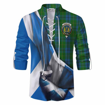 Johnstone (Johnston) Tartan Ghillie Kilt Shirt with Family Crest Scotland Patriotic Style