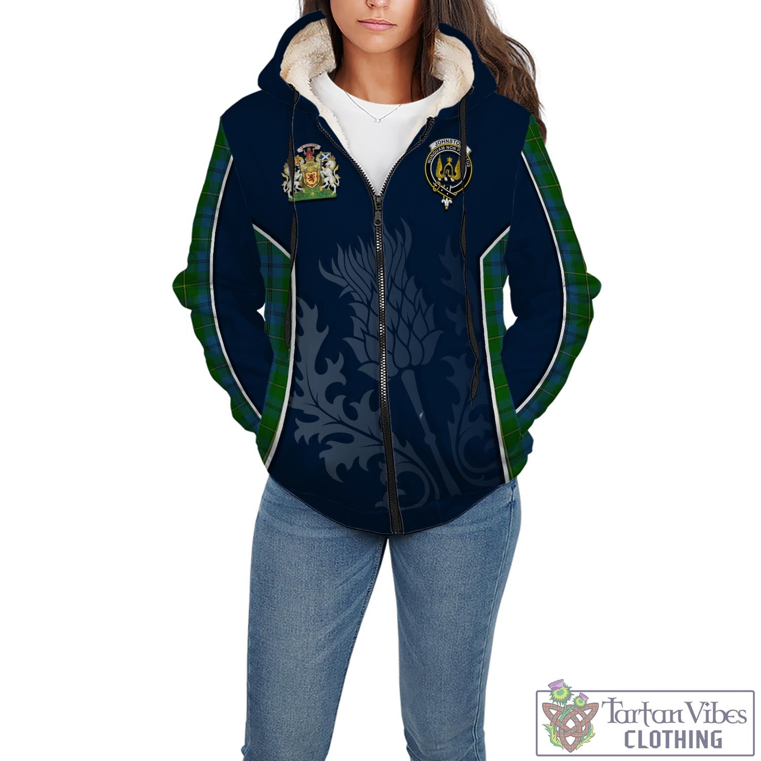 Tartan Vibes Clothing Johnstone-Johnston Tartan Sherpa Hoodie with Family Crest and Scottish Thistle Vibes Sport Style