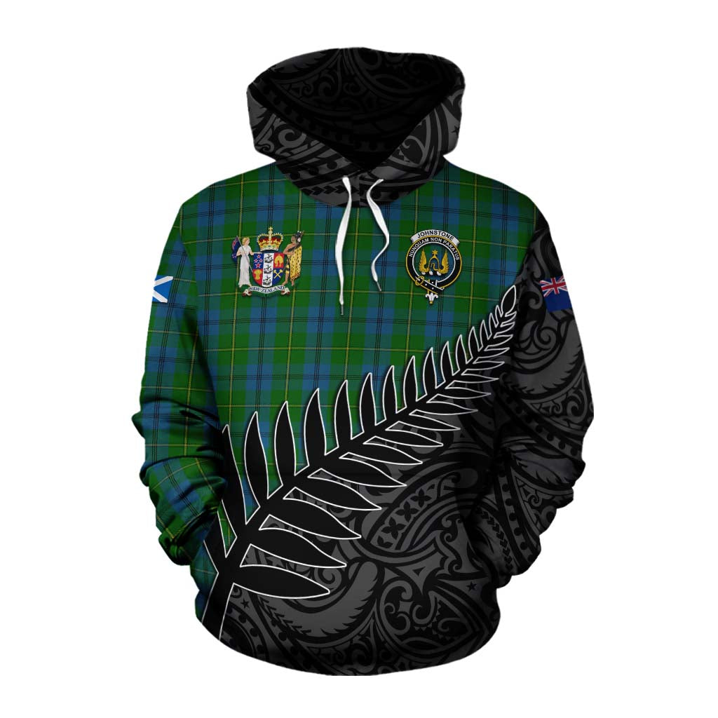 Tartan Vibes Clothing Johnstone (Johnston) Crest Tartan Cotton Hoodie with New Zealand Silver Fern Half Style