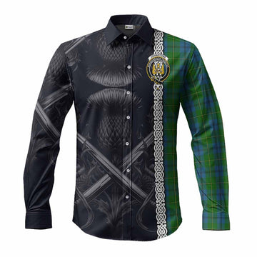 Johnstone (Johnston) Tartan Long Sleeve Button Shirt with Family Crest Cross Sword Thistle Celtic Vibes