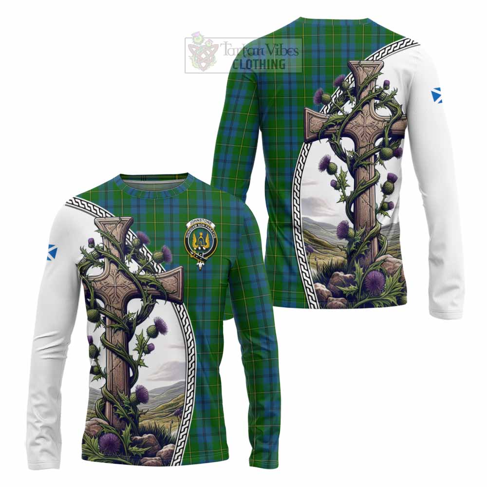 Tartan Vibes Clothing Johnstone (Johnston) Tartan Long Sleeve T-Shirt with Family Crest and St. Andrew's Cross Accented by Thistle Vines