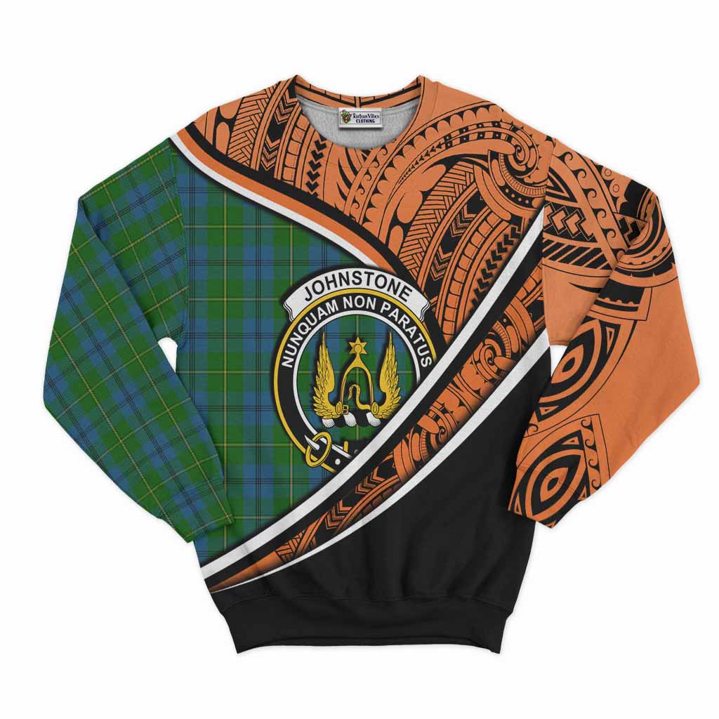 Tartan Vibes Clothing Johnstone (Johnston) Crest Tartan Sweatshirt with Maori Tattoo Style - Orange Version