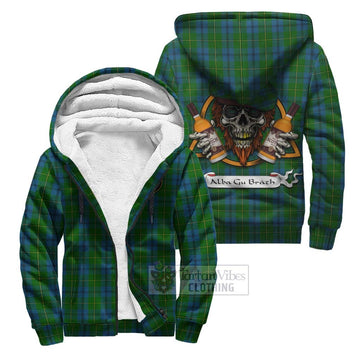 Johnstone (Johnston) Tartan Sherpa Hoodie with Family Crest and Bearded Skull Holding Bottles of Whiskey