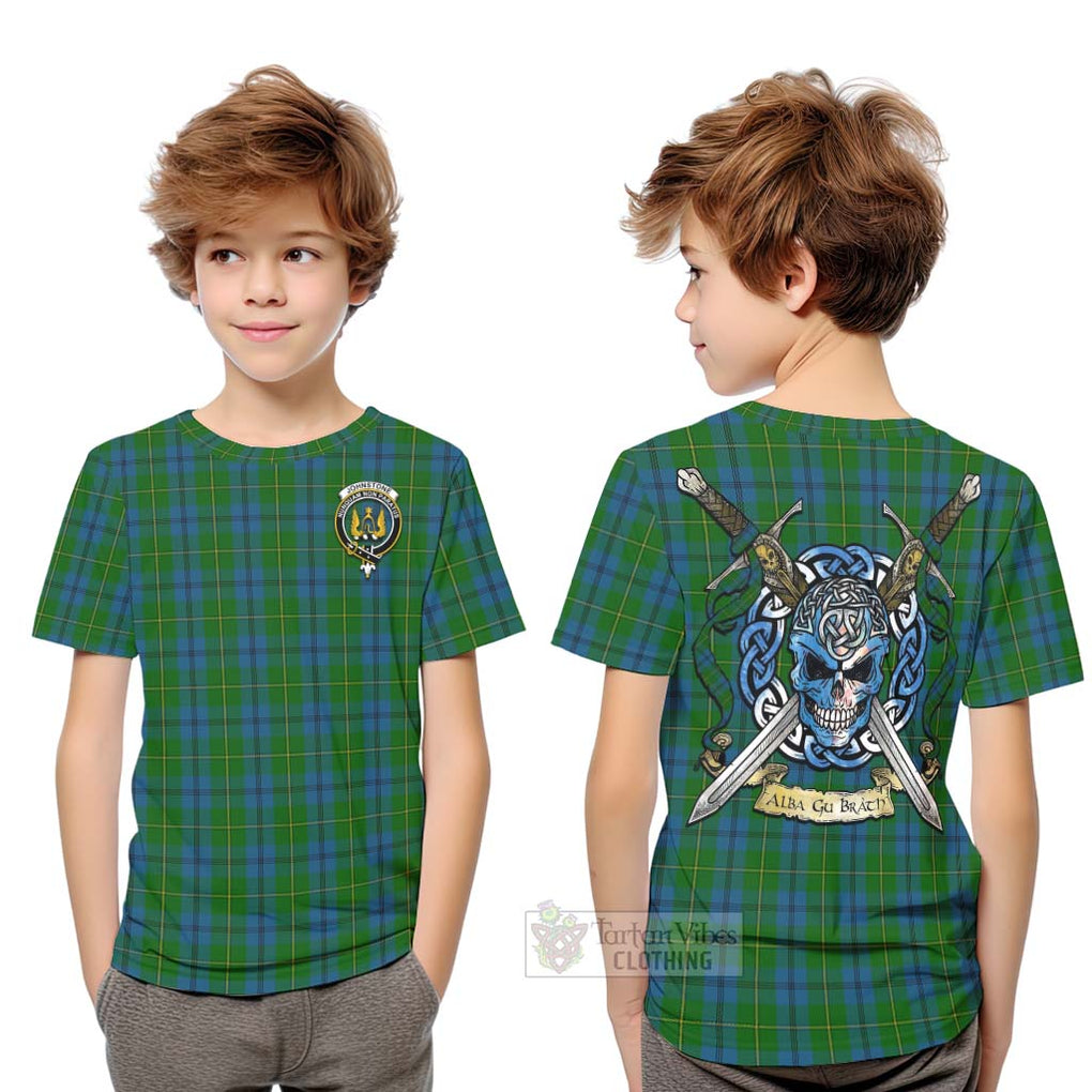 Tartan Vibes Clothing Johnstone (Johnston) Tartan Kid T-Shirt with Family Crest Celtic Skull Style