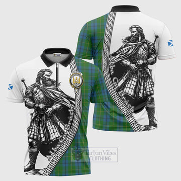 Johnstone (Johnston) Tartan Clan Crest Zipper Polo Shirt with Highlander Warrior Celtic Style