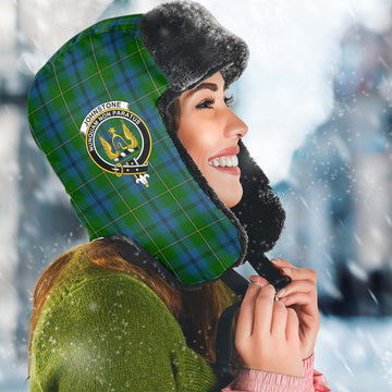 Johnstone (Johnston) Tartan Winter Trapper Hat with Family Crest