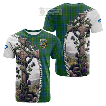 Johnstone (Johnston) Tartan Cotton T-shirt with Family Crest and St. Andrew's Cross Accented by Thistle Vines