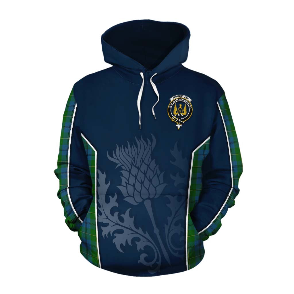 Tartan Vibes Clothing Johnstone (Johnston) Tartan Cotton Hoodie with Family Crest and Scottish Thistle Vibes Sport Style