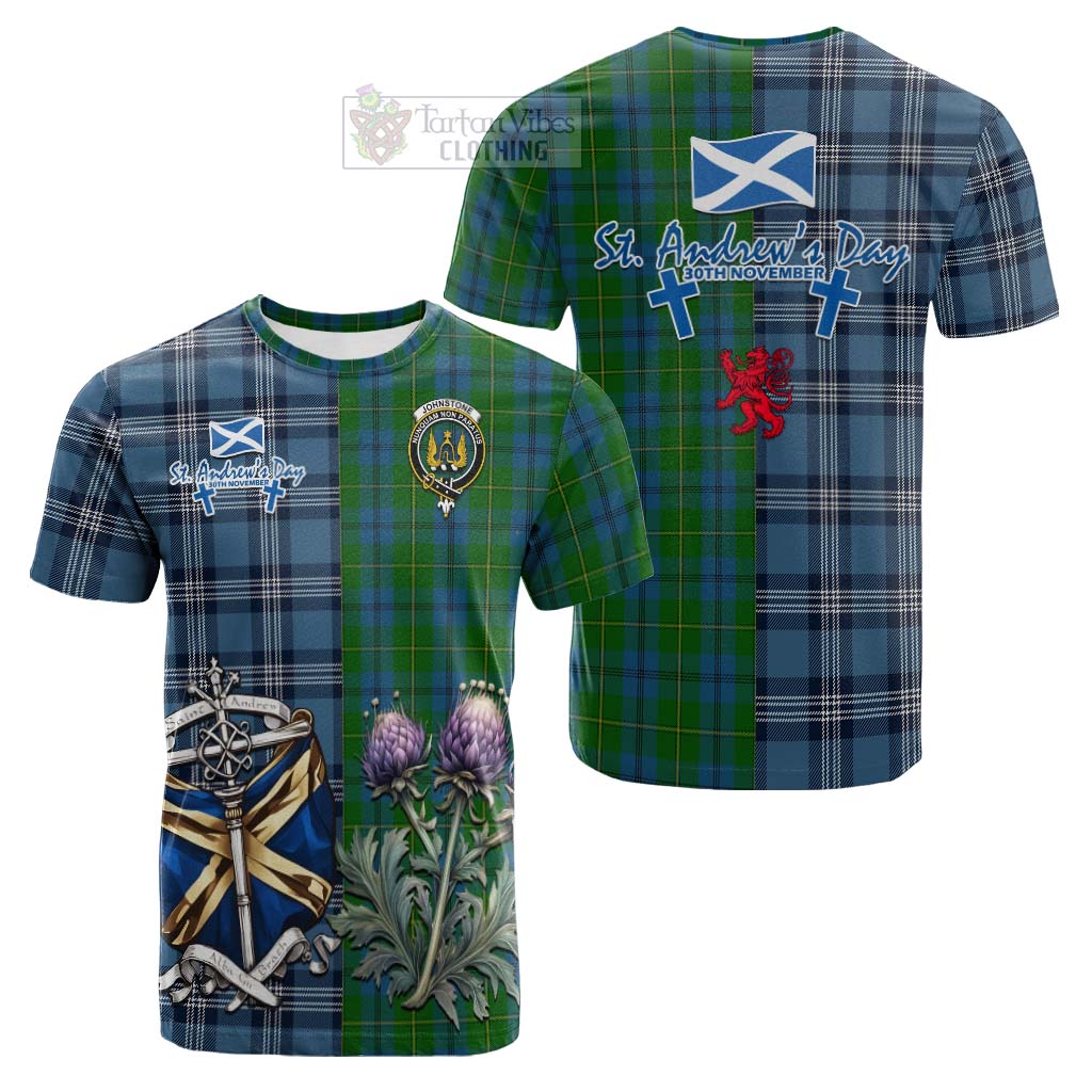 Tartan Vibes Clothing Johnstone (Johnston) Tartan Cotton T-shirt Happy St. Andrew's Day Half Tartan Style