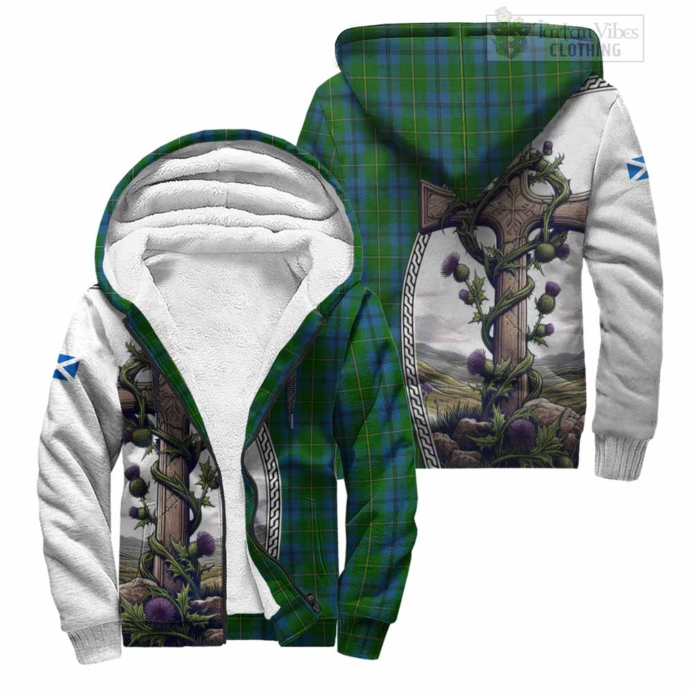 Tartan Vibes Clothing Johnstone (Johnston) Tartan Sherpa Hoodie with Family Crest and St. Andrew's Cross Accented by Thistle Vines