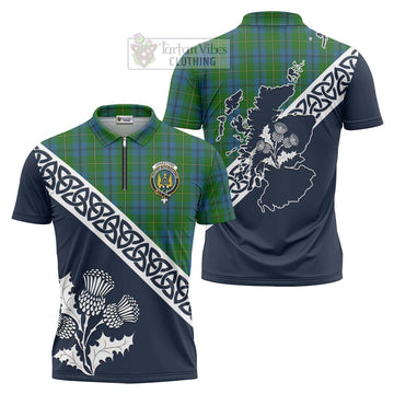 Johnstone (Johnston) Tartan Zipper Polo Shirt Featuring Thistle and Scotland Map