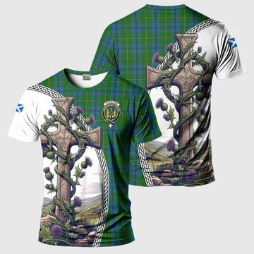 Johnstone (Johnston) Tartan T-Shirt with Family Crest and St. Andrew's Cross Accented by Thistle Vines