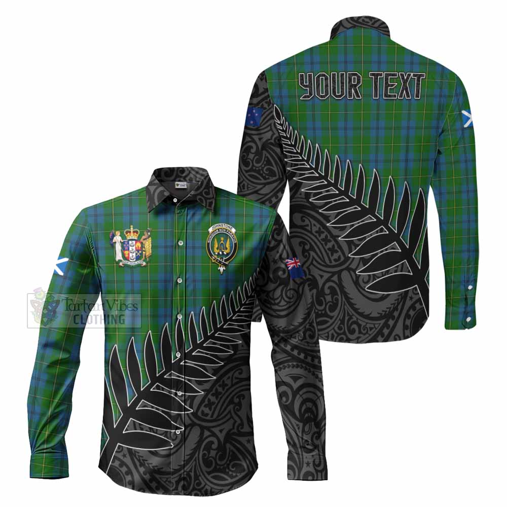 Tartan Vibes Clothing Johnstone (Johnston) Crest Tartan Long Sleeve Button Shirt with New Zealand Silver Fern Half Style