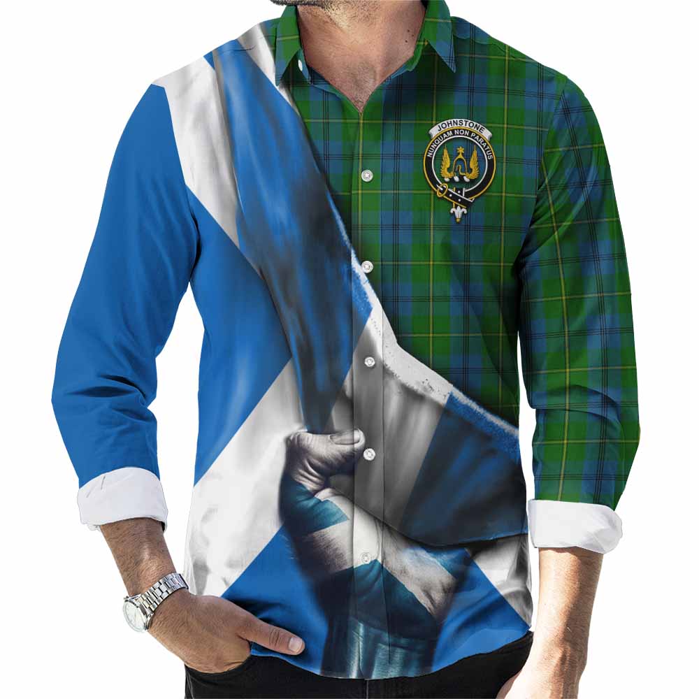 Tartan Vibes Clothing Johnstone (Johnston) Tartan Long Sleeve Button Shirt with Family Crest Scotland Patriotic Style