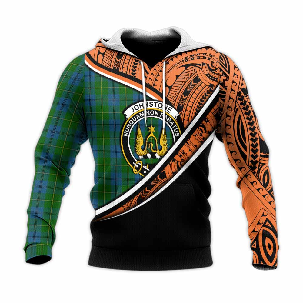 Tartan Vibes Clothing Johnstone (Johnston) Crest Tartan Knitted Hoodie with Maori Tattoo Style - Orange Version