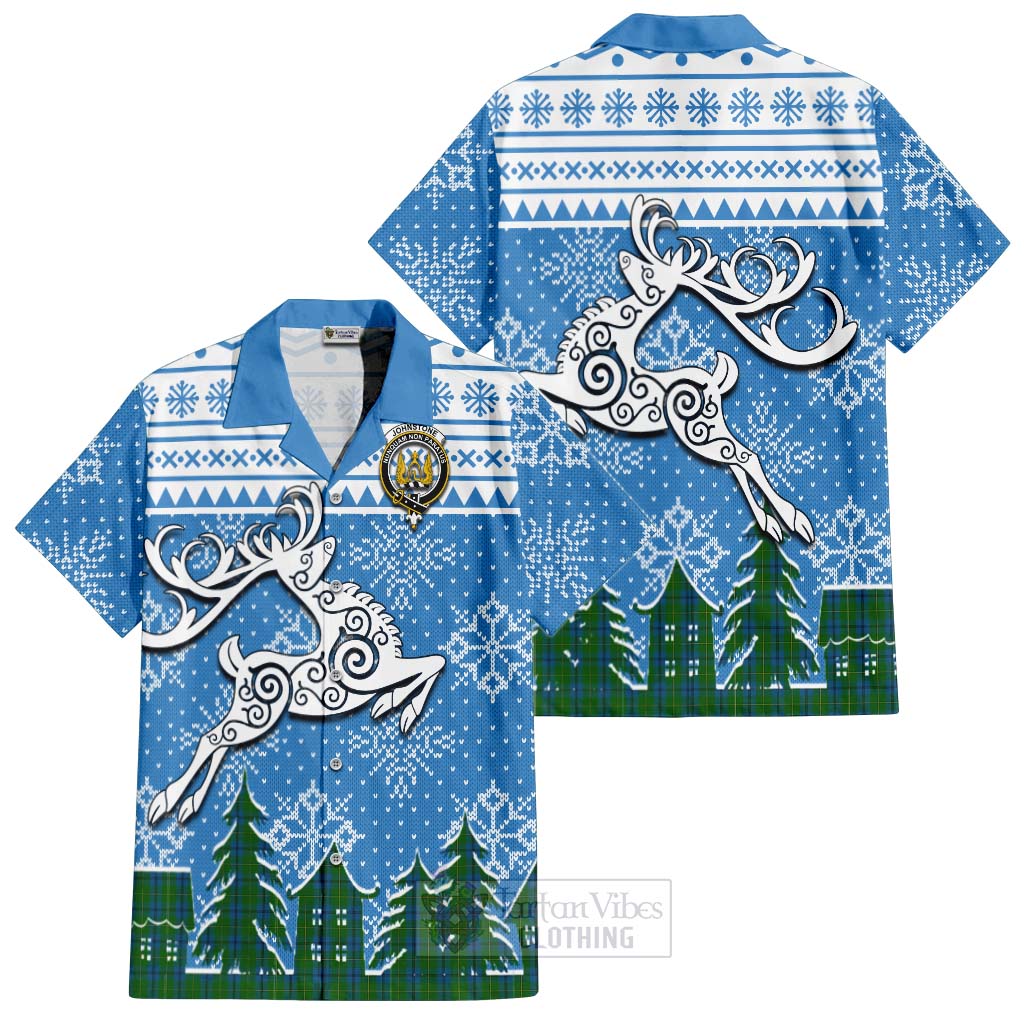 Tartan Vibes Clothing Johnstone (Johnston) Clan Christmas Short Sleeve Button Shirt Celtic Reindeer Style