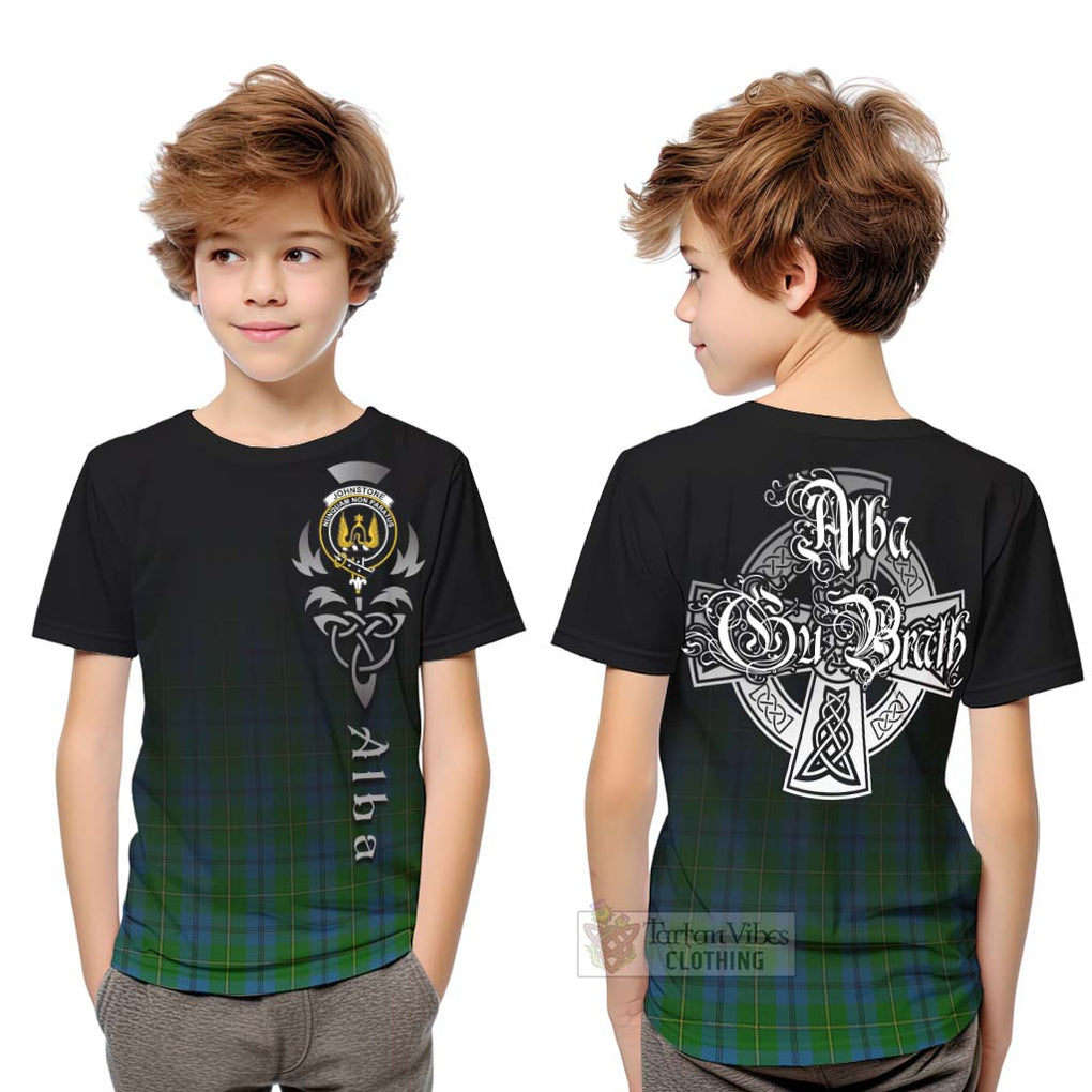 Tartan Vibes Clothing Johnstone (Johnston) Tartan Kid T-Shirt Featuring Alba Gu Brath Family Crest Celtic Inspired