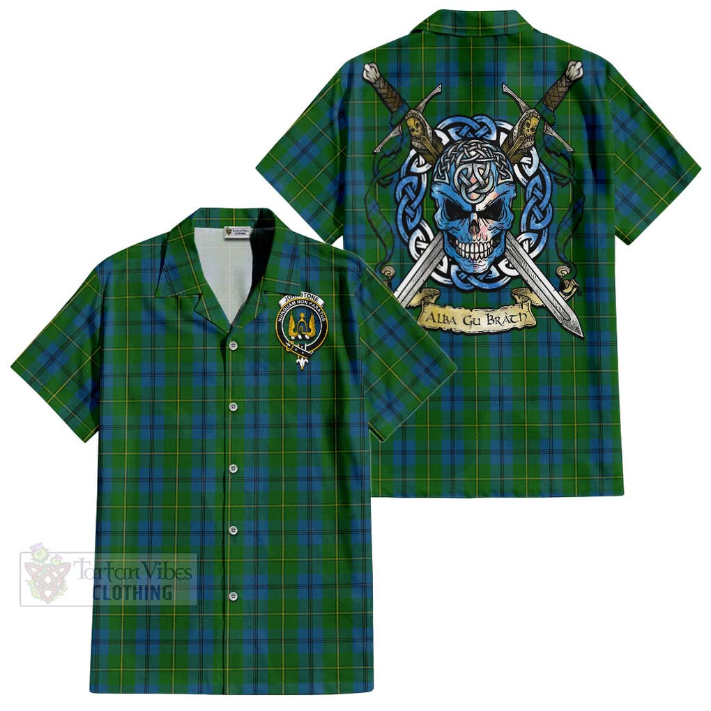 Tartan Vibes Clothing Johnstone (Johnston) Tartan Short Sleeve Button Shirt with Family Crest Celtic Skull Style