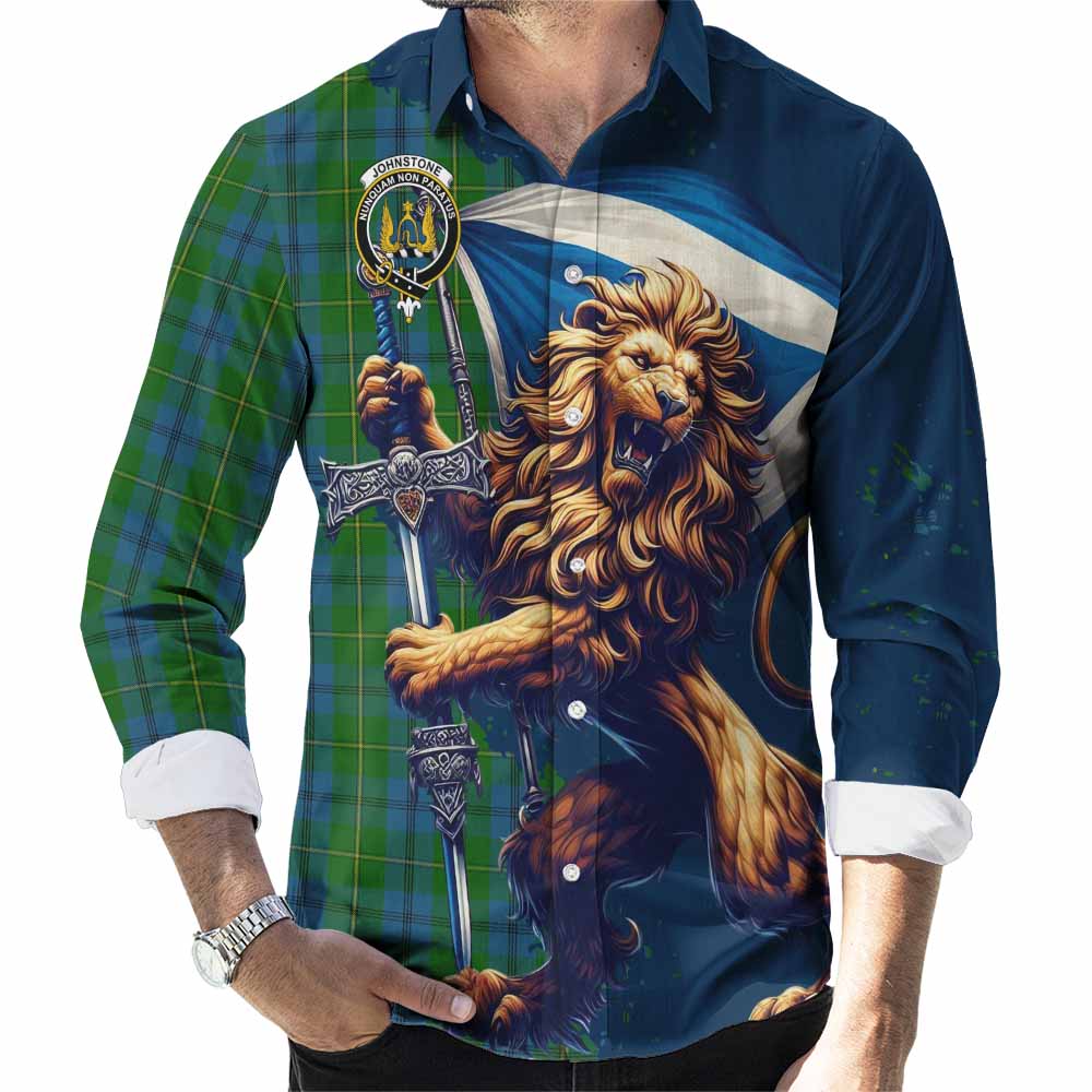 Tartan Vibes Clothing Johnstone (Johnston) Tartan Family Crest Long Sleeve Button Shirt with Scottish Majestic Lion