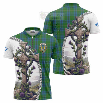 Johnstone (Johnston) Tartan Zipper Polo Shirt with Family Crest and St. Andrew's Cross Accented by Thistle Vines